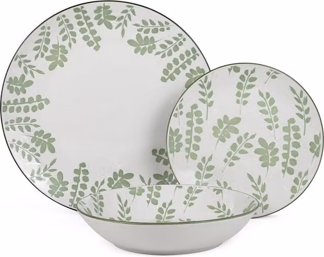 Juego de vajilla de porcelana FIJALO de 18 piezas con diseño floral de hojas verdes en color blanco, diámetro: 27 cm