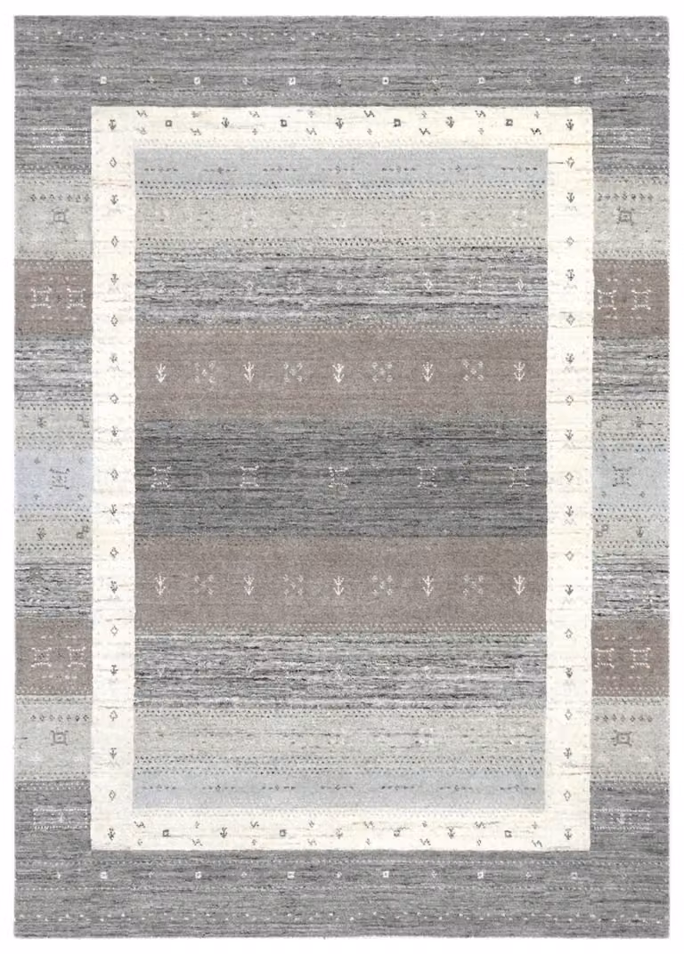 Alfombra Gabbeh de lana tejida a mano de Theko en color plata y gris, An/P: 120 x 180 cm