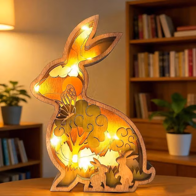 Adorno de conejo de madera con luces LED Neptune color marrón para decoración de mesa de Pascua estilo rústico
