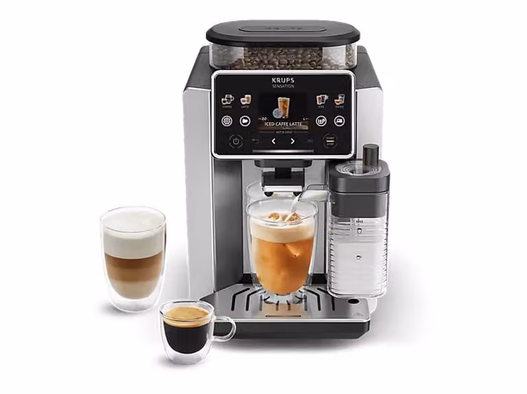 Cafetera superautomática Krups Sensation Elite Hot & Cold en color plata con pantalla táctil, función cold brew, molinillo integrado y acabado en aluminio