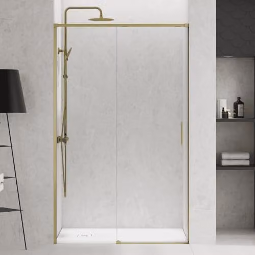 Mampara de ducha corredera B BAÑO TOTAL con vidrio templado de 6 mm, acabado transparente y perfil en oro, An: 115 cm, Al: 195 cm