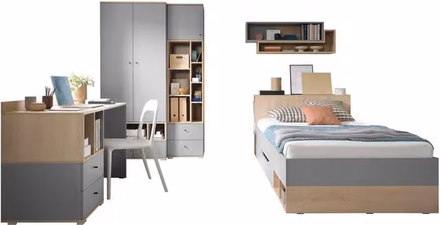 Conjunto de muebles de dormitorio Ciravie 108 con cama de estructura elevable y armario en madera de roble, color gris y marrón