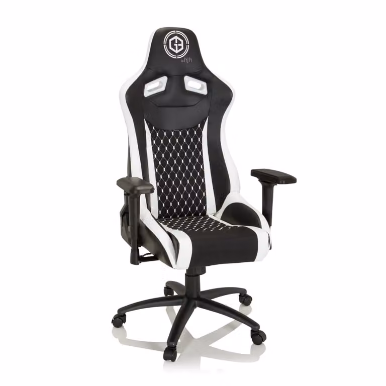 Silla gaming hjh OFFICE de diseño deportivo en tela y cuero sintético negro y blanco con reposacabezas y ajuste de peso