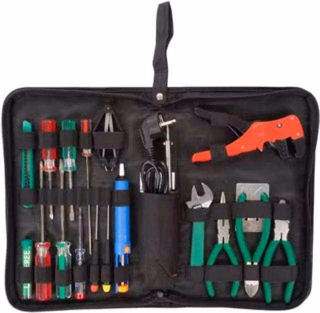 Estuche de herramientas Velleman de 18 piezas con alicates, llaves, destornilladores y cuchillo en color negro y multicolor