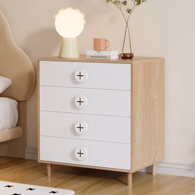 Cómoda de 4 cajones SOLKVUNZA para dormitorio infantil, diseño moderno bicolor blanco y roble, An/P/Al: 80 x 54 x 90 cm