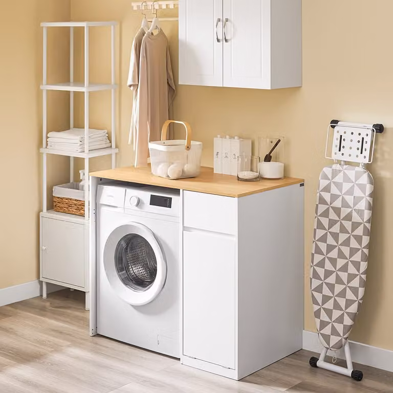 Mueble de baño SoBuy para lavadora con cesto para la ropa y cajones, blanco, An/P/Al: 100 x 60 x 90 cm