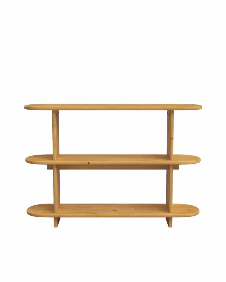 Librería moderna de madera de abeto Hannun en color marrón claro con diseño de espalda abierta y acabado mate de 120 cm
