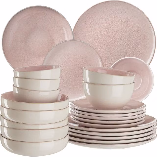 Juego de vajilla de gres tectake de 24 piezas para 6 personas en color rosa, apto para lavavajillas y microondas