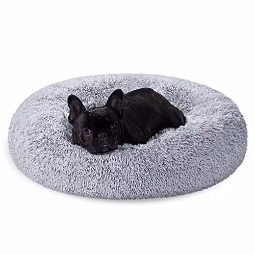 Cama para perros y gatos FEANDREA tipo donut de terciopelo gris con funda extraíble y base antideslizante, Diámetro: 70 cm