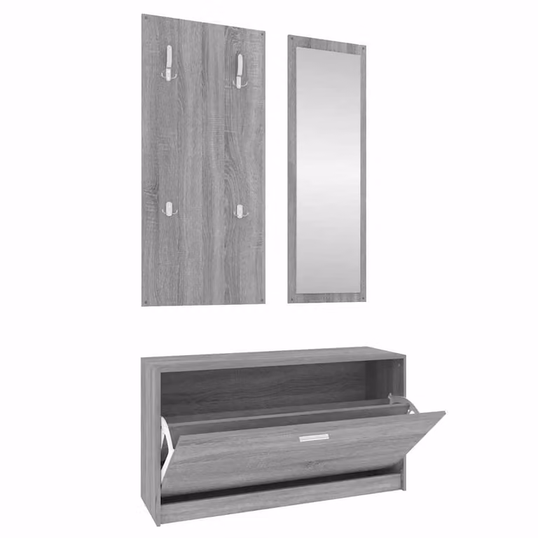 Conjunto de zapatero 3 en 1 vidaXL con espejo y estante de pared en madera contrachapada color gris Sonoma