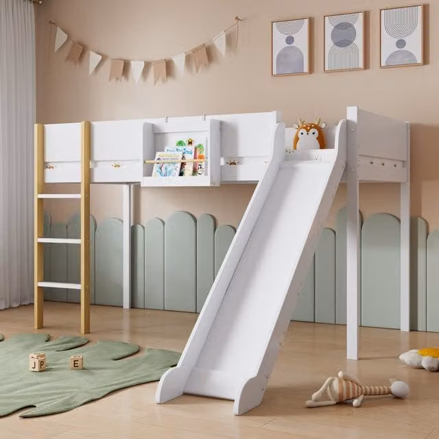 Cama alta infantil MERAX con tobogán y estante extraíble en pino y MDF, color blanco y natural, An/P/Al: 90 x 200 x 205 cm