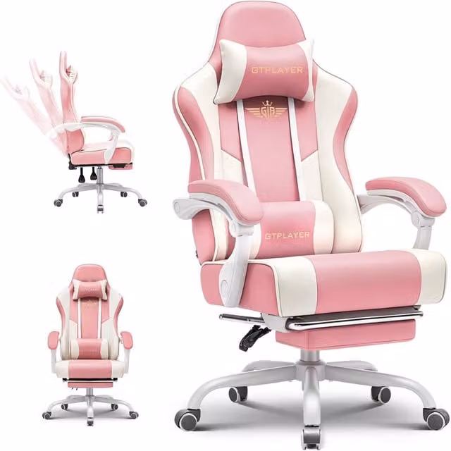 Silla gaming ergonómica Gtplayer en color rosa con reposapiés, reposacabezas, soporte lumbar y materiales de cuero sintético y metal