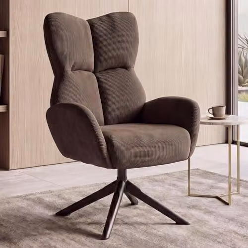 Sillón lounge giratorio Mendler HWC-Q54 con tapizado de corduroy en color marrón oscuro y estructura de metal y madera de eucalipto