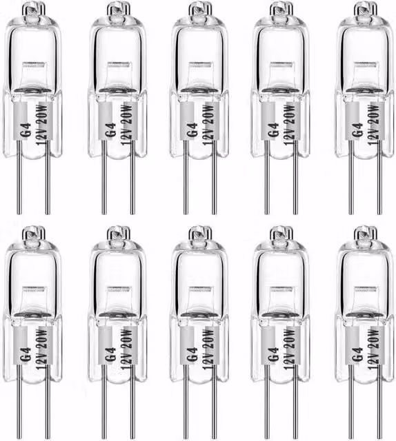 Pack de 10 bombillas halógenas Elle G4 de 20 W y 12 V, tipo T3 con 2 pines, regulables y luz blanca cálida en acabado transparente