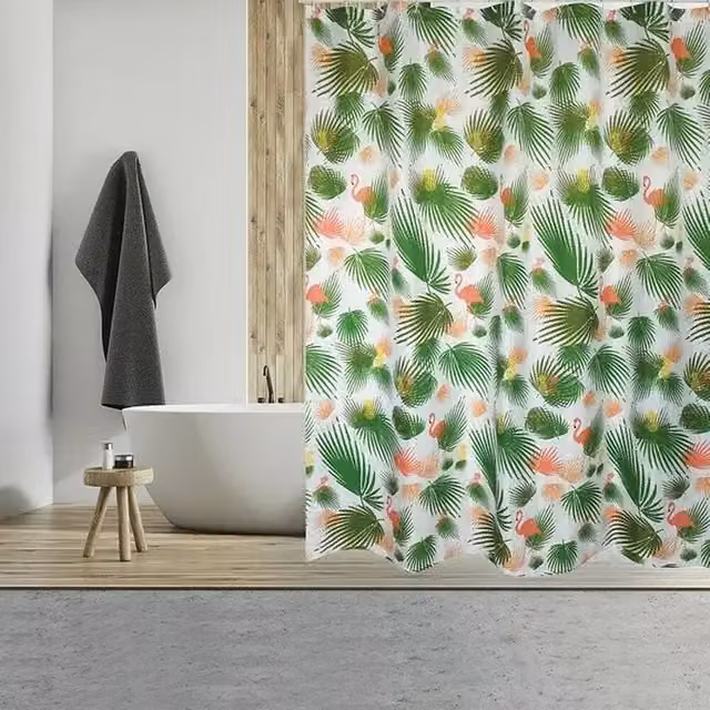 Cortina de baño Venus con diseño floral de naturaleza en blanco, verde y rosa, An/Al: 180 x 180 cm