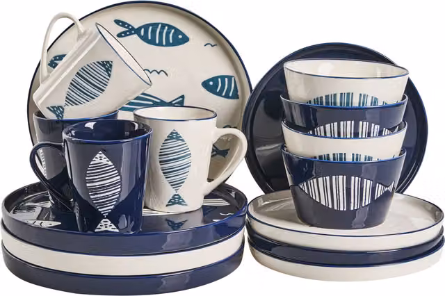 Juego de vajilla de porcelana Tamarind de Beliani, 16 piezas, color blanco y azul