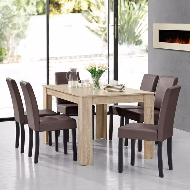 Juego de comedor en.casa compuesto por mesa rectangular de roble y 6 sillas en marrón An/P/Al: 140 x 90 x 77 cm