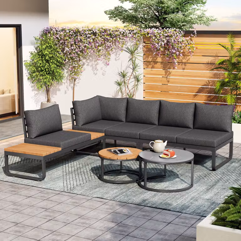 Conjunto de muebles de jardín STILVORA para 4-5 personas con estructura de acero y cojines grises
