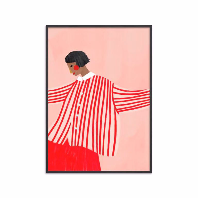 Póster moderno The Woman with the Red Stripes con marco negro y diseño gráfico multicolor, An/P/Al: 50 x 70 cm