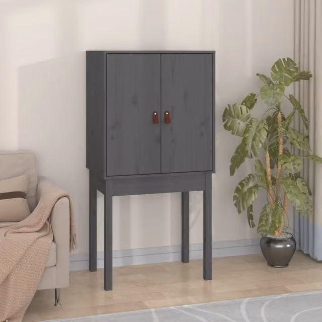 Aparador alto SYFAX de madera maciza de pino en color gris con estilo rústico, An/P/Al: 60 x 40 x 120 cm