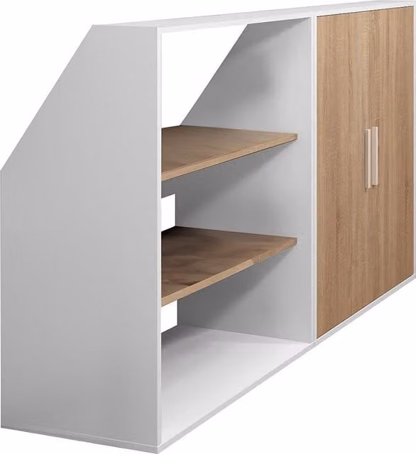 Armario para techo abuhardillado adezio con 2 puertas y estantes internos en color blanco y beige