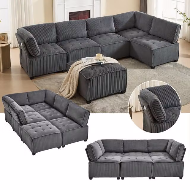 Sofá Modular de 6 Plazas KELLANY en Tejido de Pana Gris con Función de Sofá Cama y Diseño Combinable en Forma de U o L