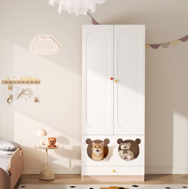 Armario infantil Okmyhome con barra para colgar y estantes abiertos en blanco y beige An/P/Al: 80 x 50 x 200 cm