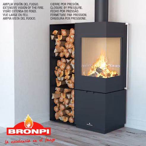 Estufa de leña de esquina Bronpi Modelo Bombay-e en acero negro con cristal