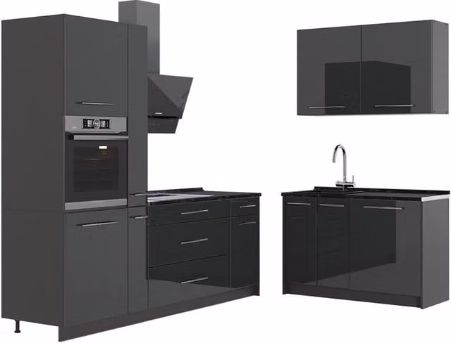 Cocina Vicco Fame-Line en color antracita alto brillo, An/P/Al: 220 x 120 x 60 cm