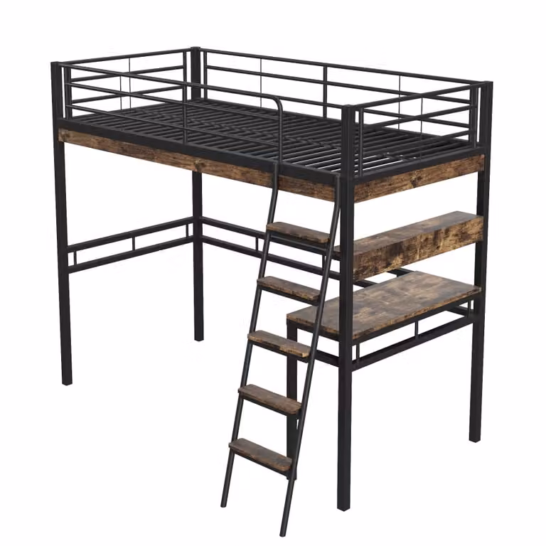 Cama alta individual MODFU en color negro con escritorio y estantería integrada para dormitorio infantil o zona de oficina, An/P: 90 x 200 cm