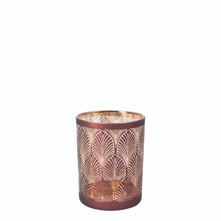 Portavelas decorativo de vidrio Sia Deco en rojo y dorado para tealight con diseño geométrico art deco