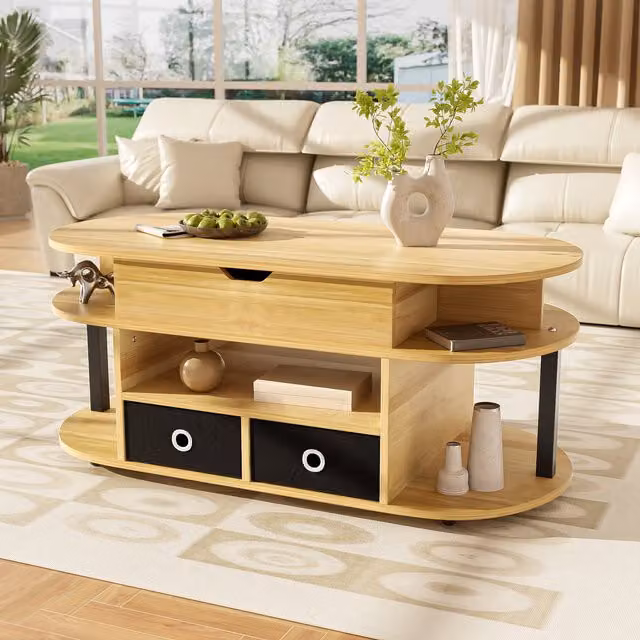 Mesa de centro rectangular MODENVIE con tablero elevable, 2 cajones de tela y almacenamiento, color negro y madera, An/P/Al: 105 x 50 x 45/60 cm