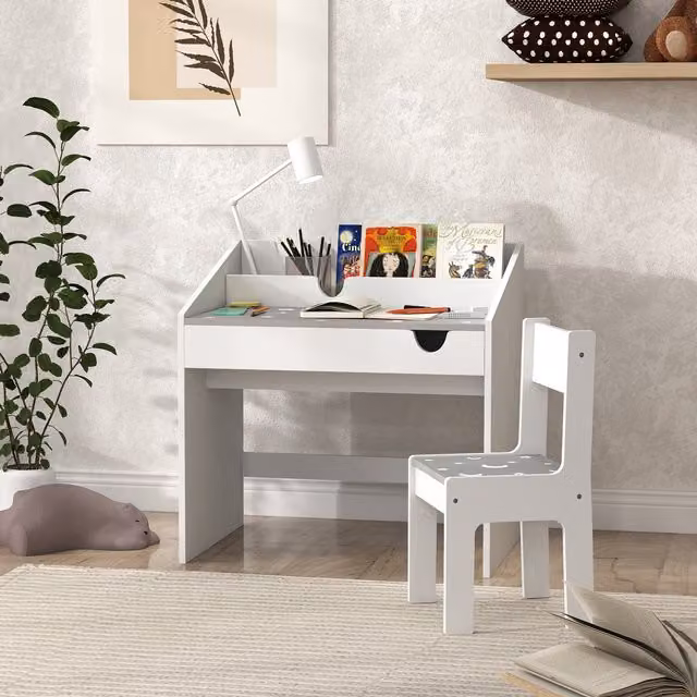 Conjunto de escritorio y silla infantil AIYAPLAY con cajón y almacenamiento, diseño de estrellas para niños de 3 a 6 años, gris y blanco