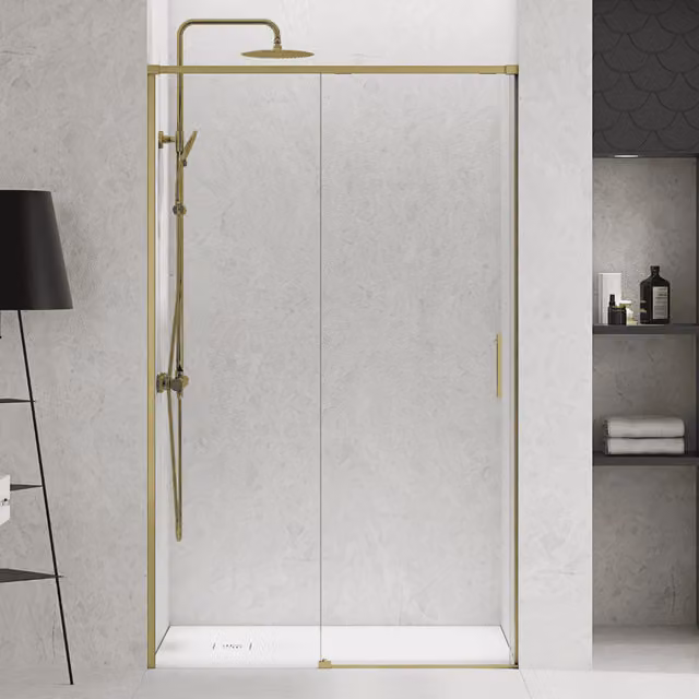 Mampara de ducha frontal BAÑO TOTAL con una puerta corredera y un panel fijo, vidrio transparente de 6 mm con tratamiento antical y perfilería en oro mate, Ancho: 125 cm
