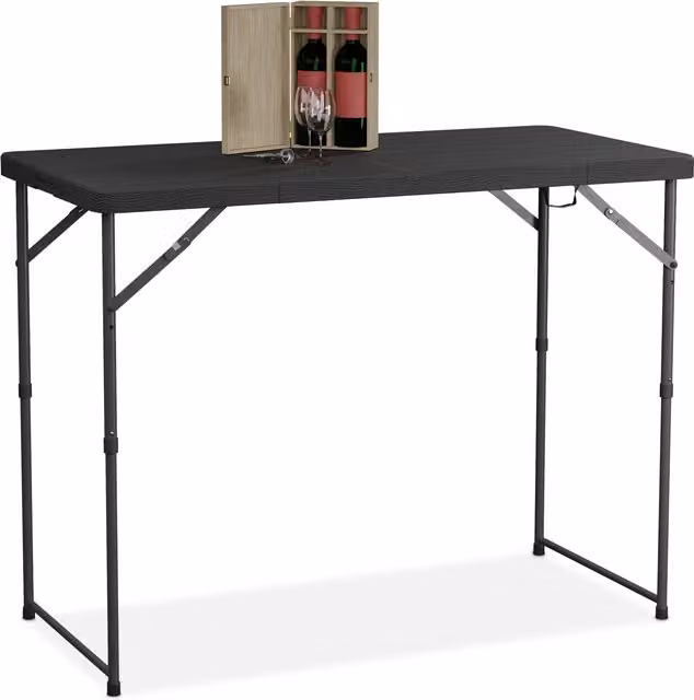 Mesa de jardín plegable relaxdays negra para 6 personas, de plástico y metal, An/P/Al: 120 x 74 x 60 cm con 3 alturas regulables