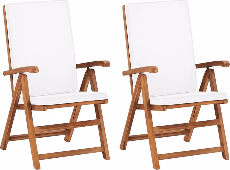 Set de 2 sillas de jardín reclinables Syfax de madera de teca con cojines beige y blancos