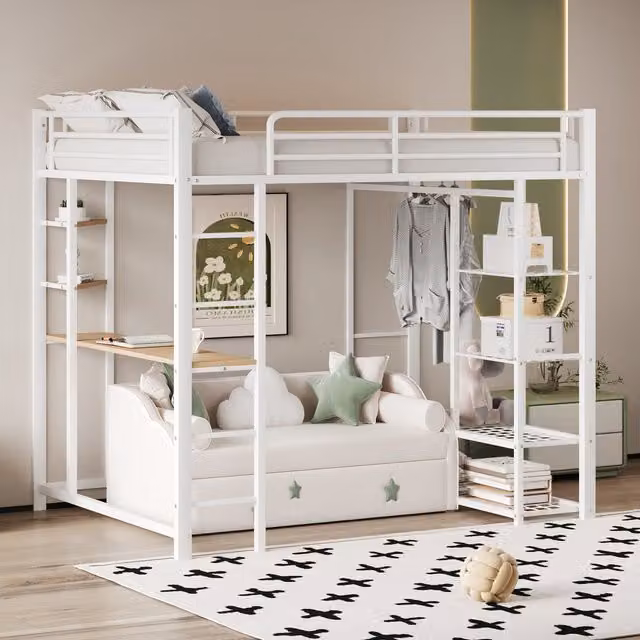 Cama entrepiso moderna MODERNLUXE de metal y MDF en color blanco con estantes laterales, An/P/Al: 204 x 90 x 180 cm