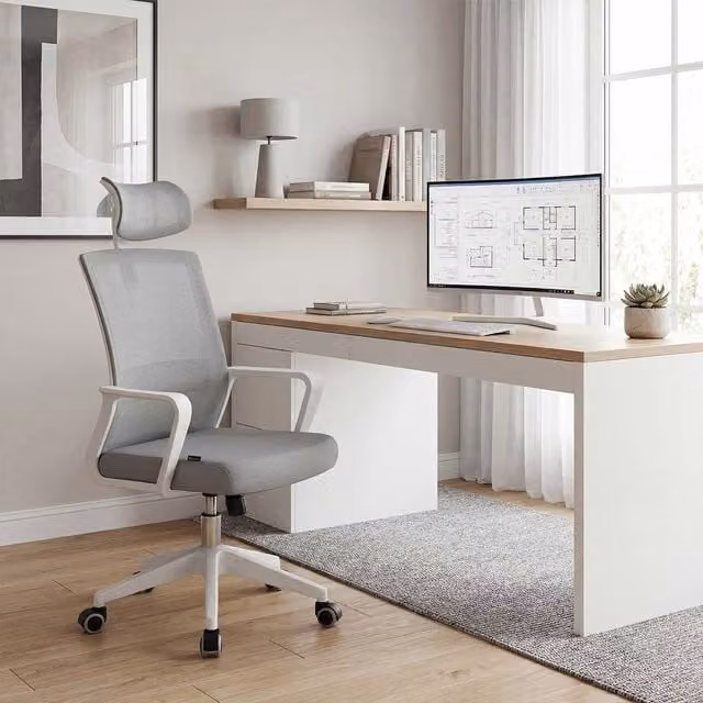 Silla de oficina ergonómica DUEHOME en blanco y gris con reposacabezas y reposabrazos, An/P/Al: 51 x 51 x 121 cm