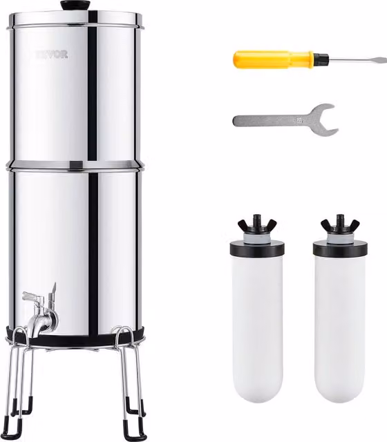 Sistema de filtración de agua por gravedad Vevor de acero inoxidable con 2 filtros de carbón y cerámica, color plata