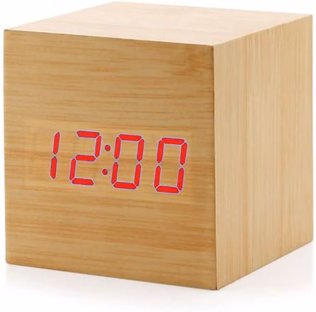 Reloj Despertador Digital Cúbico de Madera con Luz LED, Termómetro y Pantalla de Fecha para Escritorio