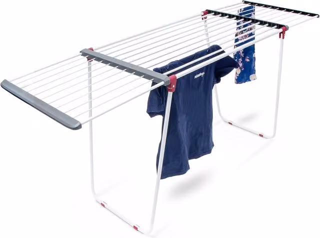 Tendedero de pie extensible y plegable Relaxdays de metal en color blanco con 18,2 m de longitud de tendido, An/P/Al: 91 x 63 x 199 cm