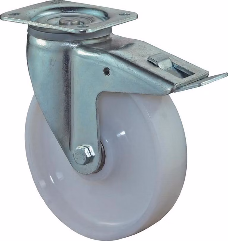 Rueda giratoria con freno Bs Rollen de plástico blanco con placa base de acero galvanizado, diámetro 200 mm y capacidad de carga 1000 kg - L620.B15.200
