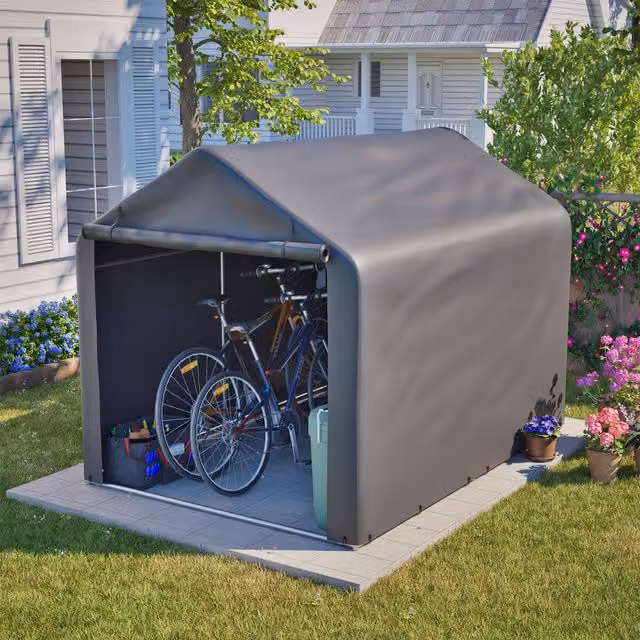 Refugio para bicicletas MODFU de exterior con puerta enrollable, estructura de metal y lona de poliéster gris, An/P/Al: 220 x 160 x 165 cm