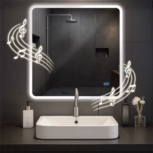 Espejo de baño cuadrado blanco con iluminación LED regulable, Bluetooth y función antivaho, An/An/Al: 80 x 80 x 80 cm