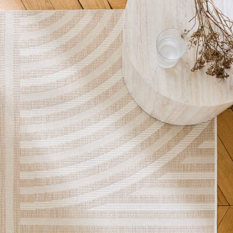 Alfombra SWEEEK de diseño de arcos abstractos y estilo retro en color beige para interior y exterior, An: 170 cm, P: 120 cm, Al: 1 cm