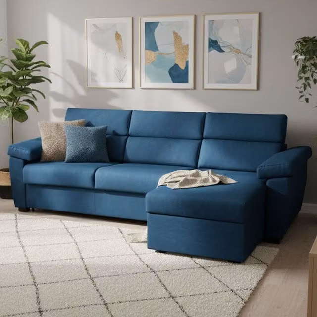 Sofá cama con chaise longue Priverno en azul, desenfundable y con almacenaje, fabricado en Italia