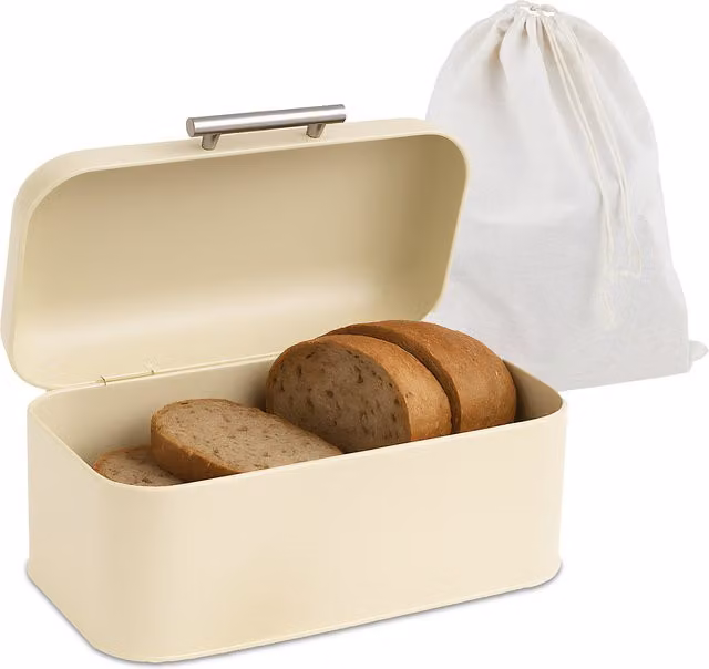 Panera de metal beige con bolsa de algodón y tapa de Relaxdays, An/P/Al: 15,5 x 30 x 21 cm