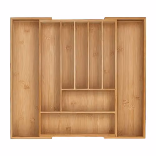 Organizador de cubiertos extensible Relaxdays con compartimentos, de bambú y madera en color marrón, An/P/Al: 5 x 31-50 x 45 cm