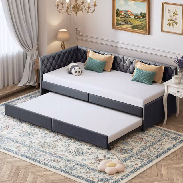 Sofá cama NAHILIMI con cama nido y ruedas, tapizado en terciopelo gris, diseño escandinavo con respaldo acolchado y somier de lamas, An/P/Al: 180 x 200 cm