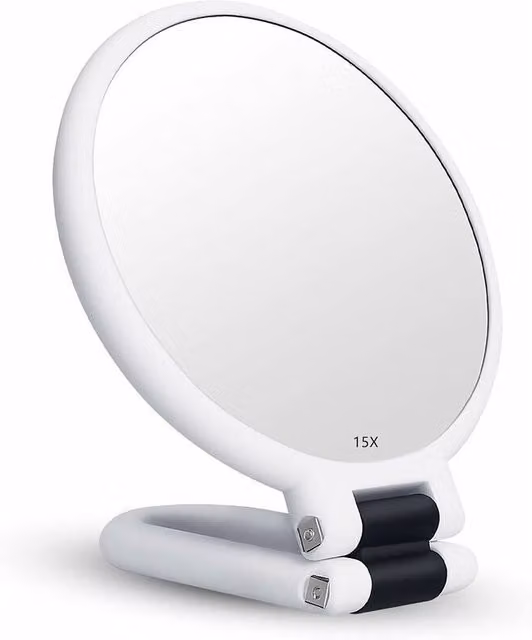 Espejo de maquillaje de mano XISRENS con aumento de 15x, diseño redondo y plegable en color blanco